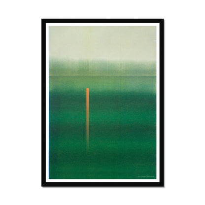 Black wood framed giclee print depicting deep green horizon. From being completely saturated at the bottom the pigments of colour slowly spread out upwards until it fades into space at the top like the horizon.