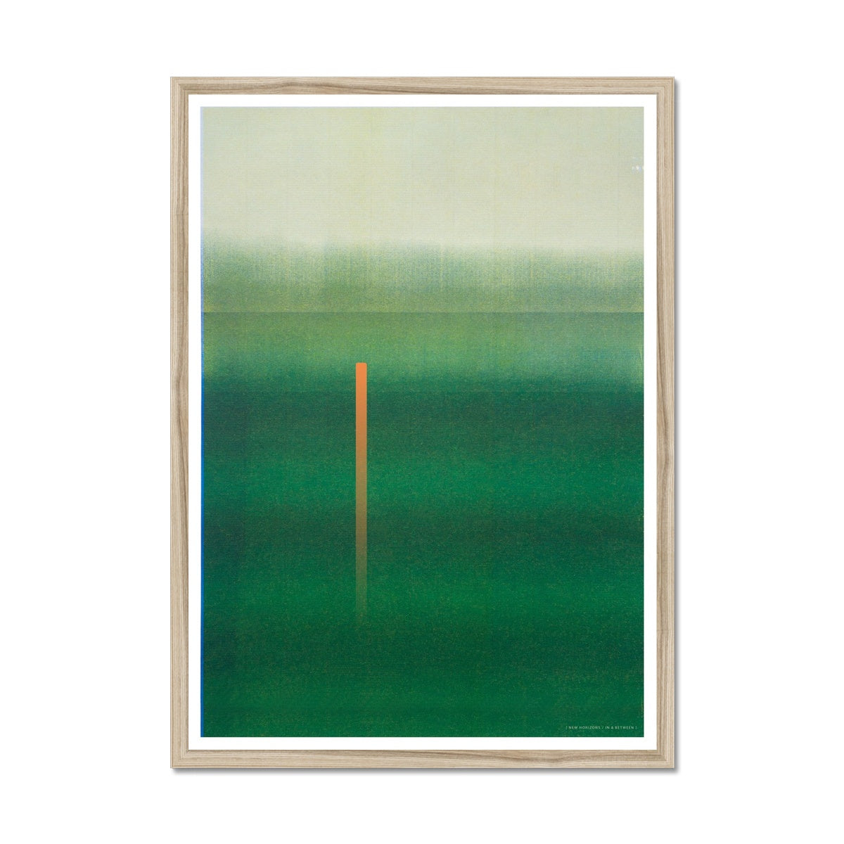 Natural wood frame giclee print depicting deep green horizon. From being completely saturated at the bottom the pigments of colour slowly spread out upwards until it fades into space at the top like the horizon.