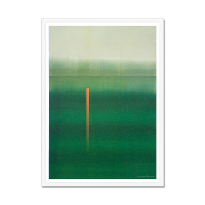 White wood framed giclee print depicting deep green horizon. From being completely saturated at the bottom the pigments of colour slowly spread out upwards until it fades into space at the top like the horizon.