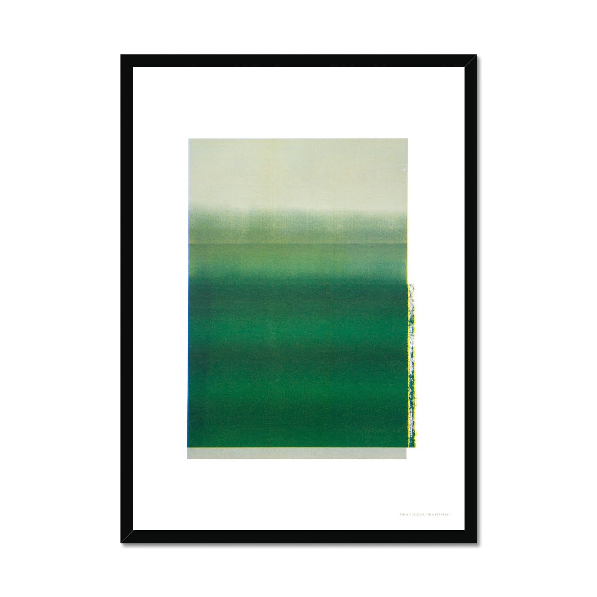 Black wood framed giclee print depicting deep green horizon within wide white border. From being completely saturated at the bottom the pigments of colour slowly spread out upwards until it fades into space at the top like the horizon.