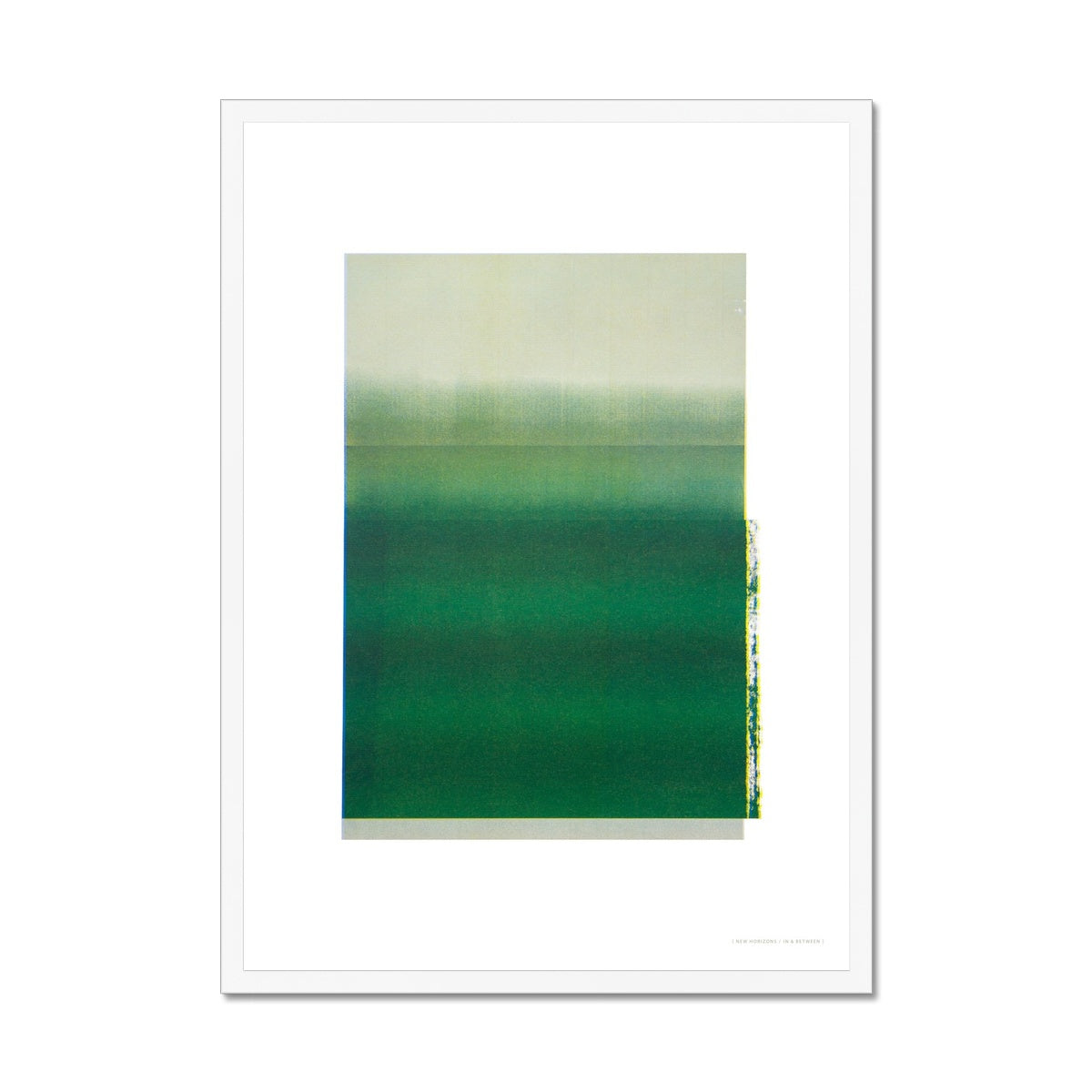 White wood framed giclee print depicting deep green horizon within wide white border. From being completely saturated at the bottom the pigments of colour slowly spread out upwards until it fades into space at the top like the horizon.