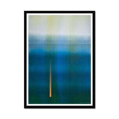 Giclee print in black wooden frame depicting blue-green horizon. From being completely saturated at the bottom the pigments of colour slowly spread out upwards until it fades into space at the top like the horizon.