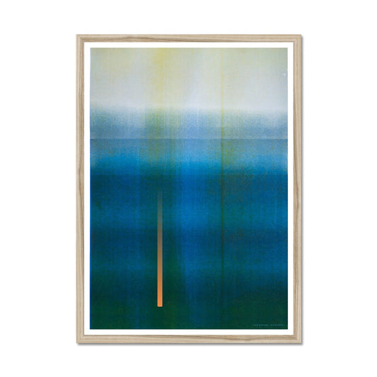 Natural oak framed giclee print depicting blue-green horizon. From being completely saturated at the bottom the pigments of colour slowly spread out upwards until it fades into space at the top like the horizon.