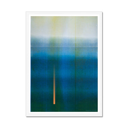 White wood framed giclee print depicting blue-green horizon. From being completely saturated at the bottom the pigments of colour slowly spread out upwards until it fades into space at the top like the horizon.