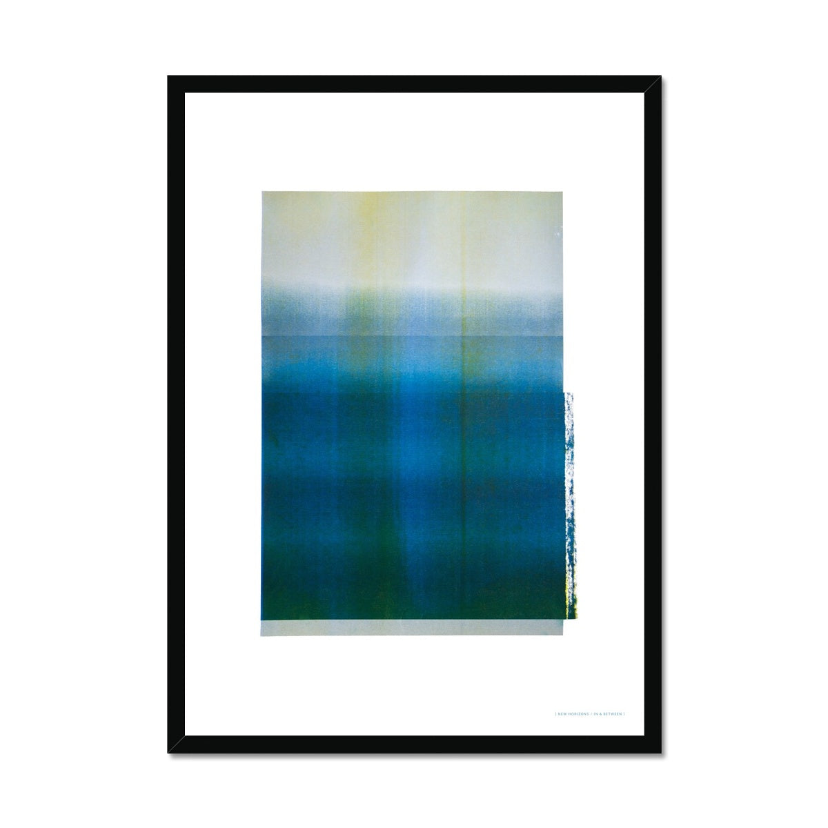 Black wood framed giclee print depicting blue-green horizon within wide white border. From being completely saturated at the bottom the pigments of colour slowly spread out upwards until it fades into space at the top like the horizon.