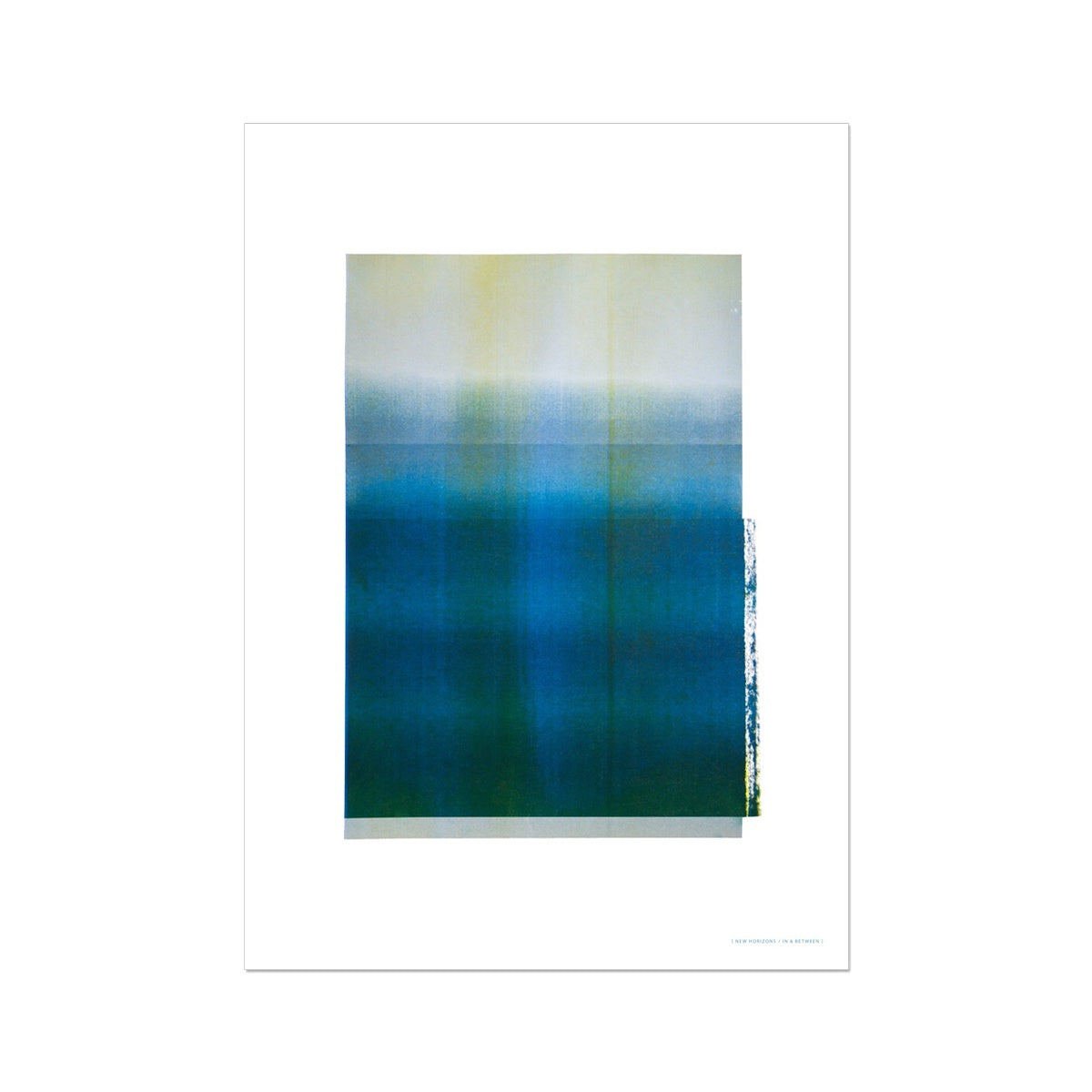 Giclee print depicting blue-green horizon within wide white border. From being completely saturated at the bottom the pigments of colour slowly spread out upwards until it fades into space at the top like the horizon.