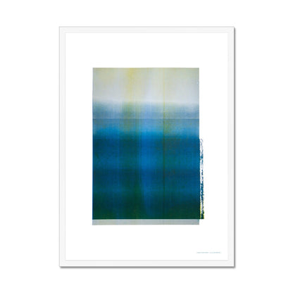 White wood framed giclee print depicting blue-green horizon within wide white border. From being completely saturated at the bottom the pigments of colour slowly spread out upwards until it fades into space at the top like the horizon.