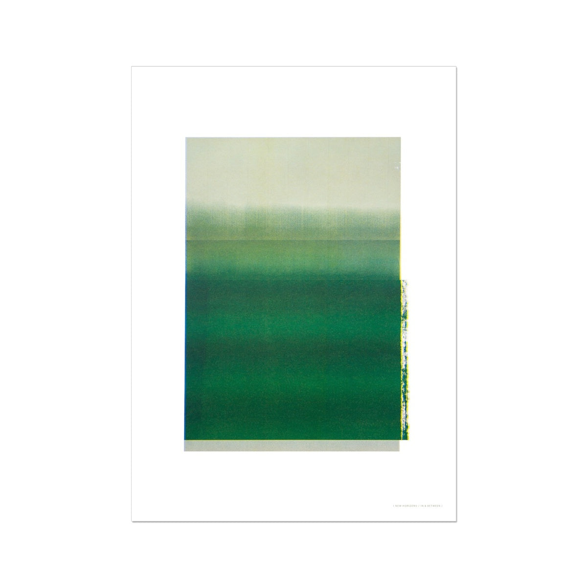 Giclee print depicting deep green horizon within wide white border. From being completely saturated at the bottom the pigments of colour slowly spread out upwards until it fades into space at the top like the horizon.