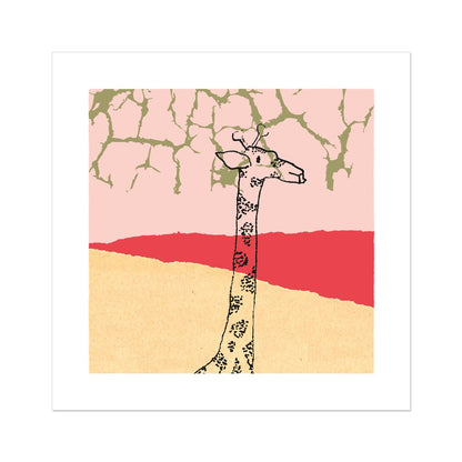 Art print of giraffe neck and head in black in a pale yellow and red landscape with light pink sky and golden branches reaching from above.