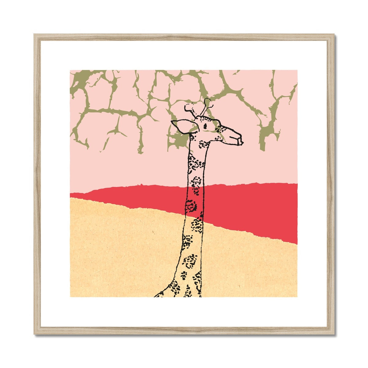 Art print of giraffe neck and head in black in a pale yellow and red landscape with light pink sky and golden branches reaching from above in a natural wooden frame.