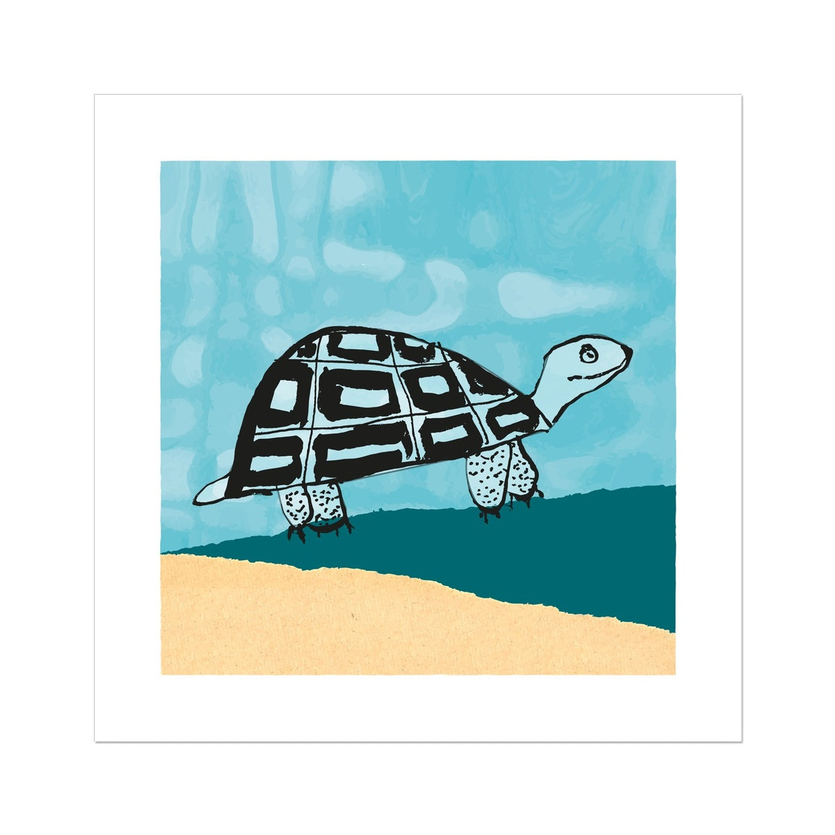 Art print of happy tortoise in pale yellow and teal landscape with blue sky.