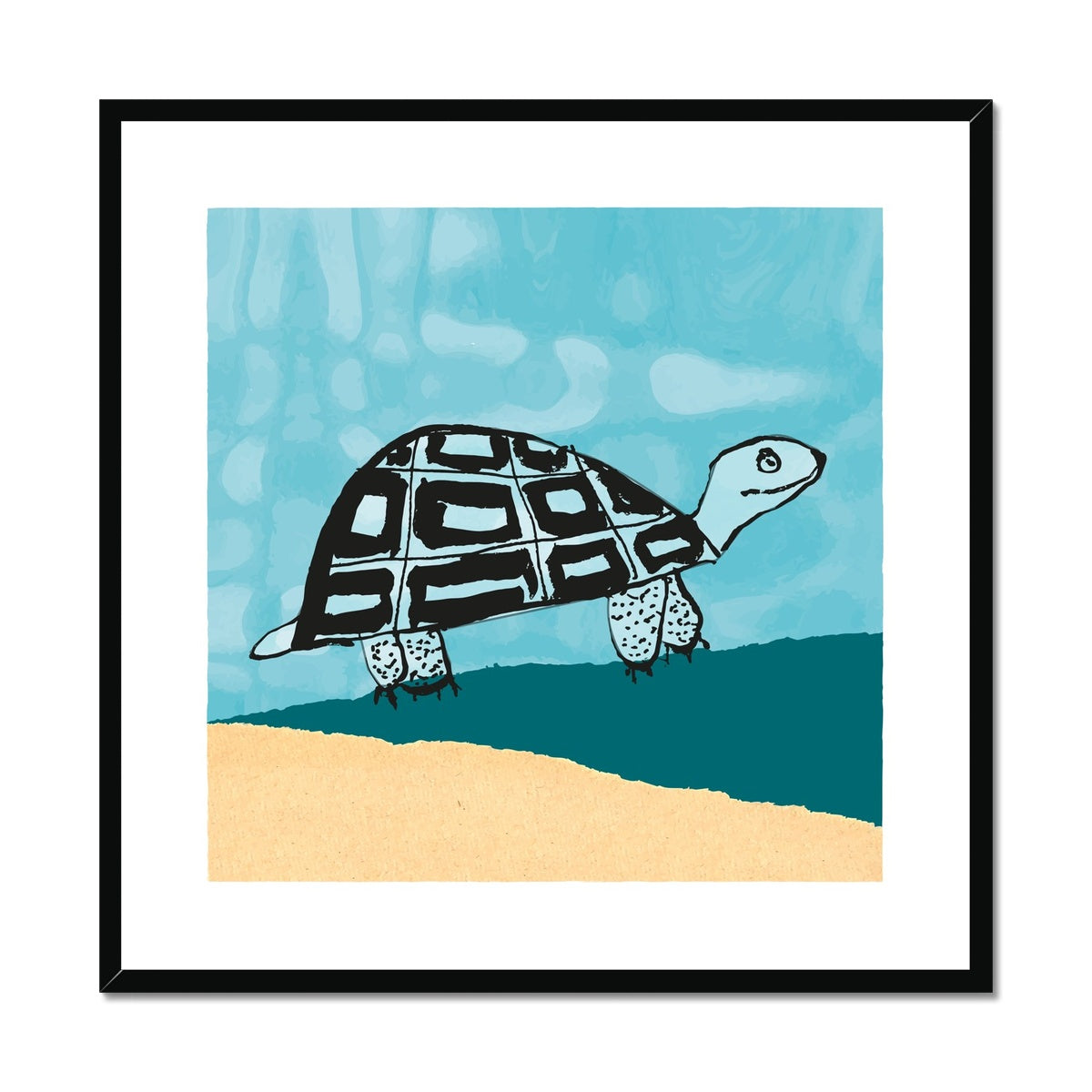 Art print of happy tortoise in pale yellow and teal landscape with blue sky in a black wooden frame.