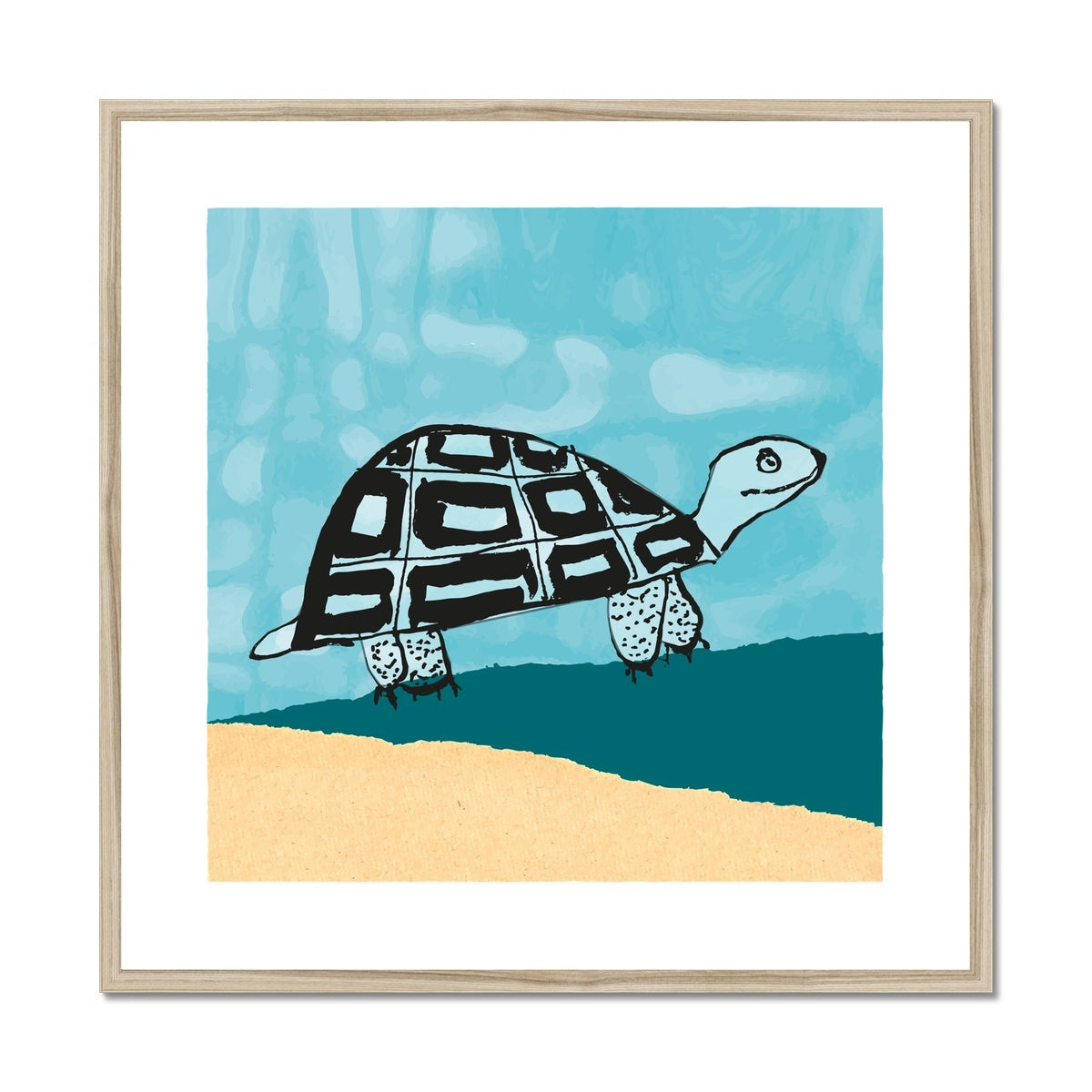 Art print of happy tortoise in pale yellow and teal landscape with blue sky in a natural wooden frame.