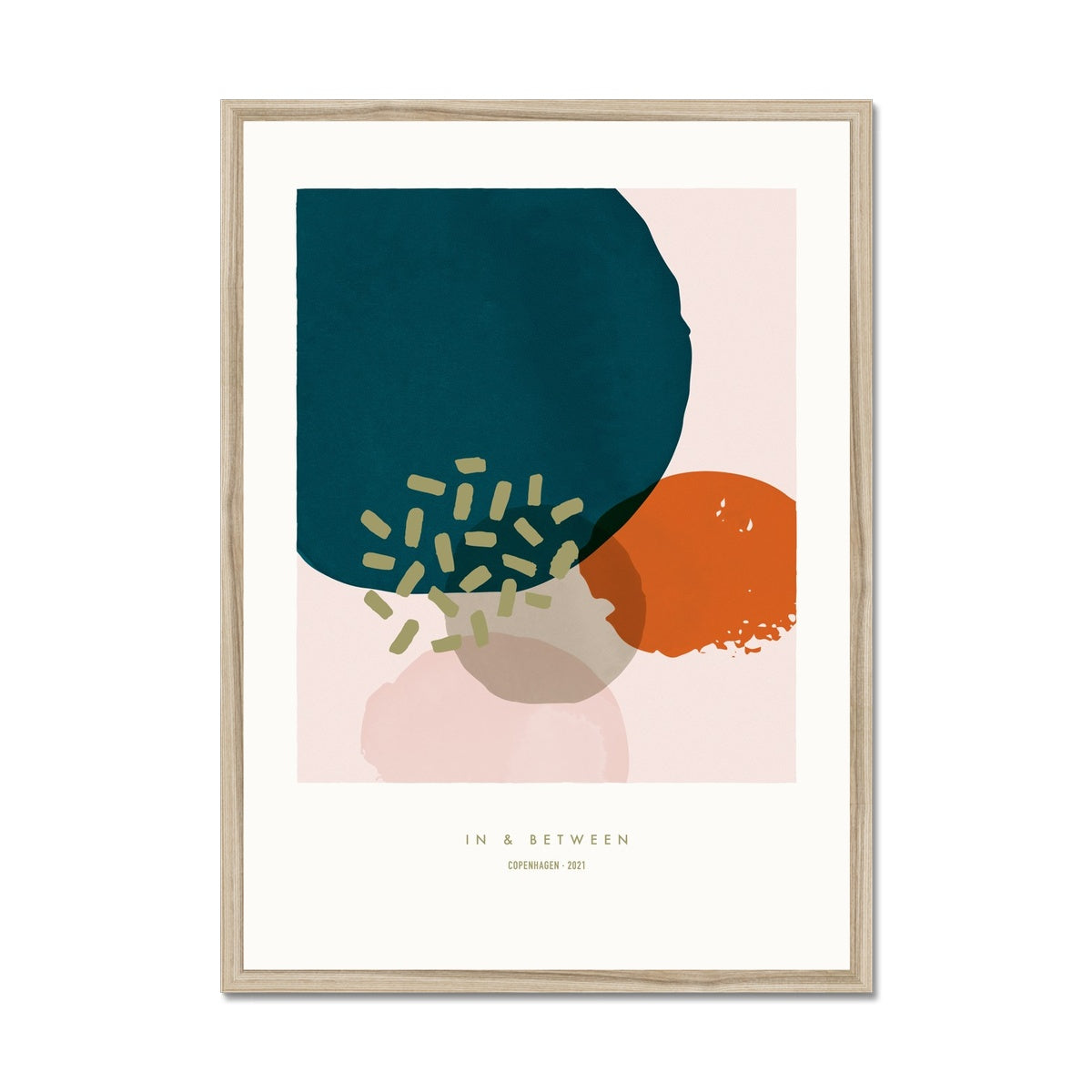 Soft abstract partly overlapping circles in teal, rust and pink with structure details on a cream background set with white space around in a natural wood frame.