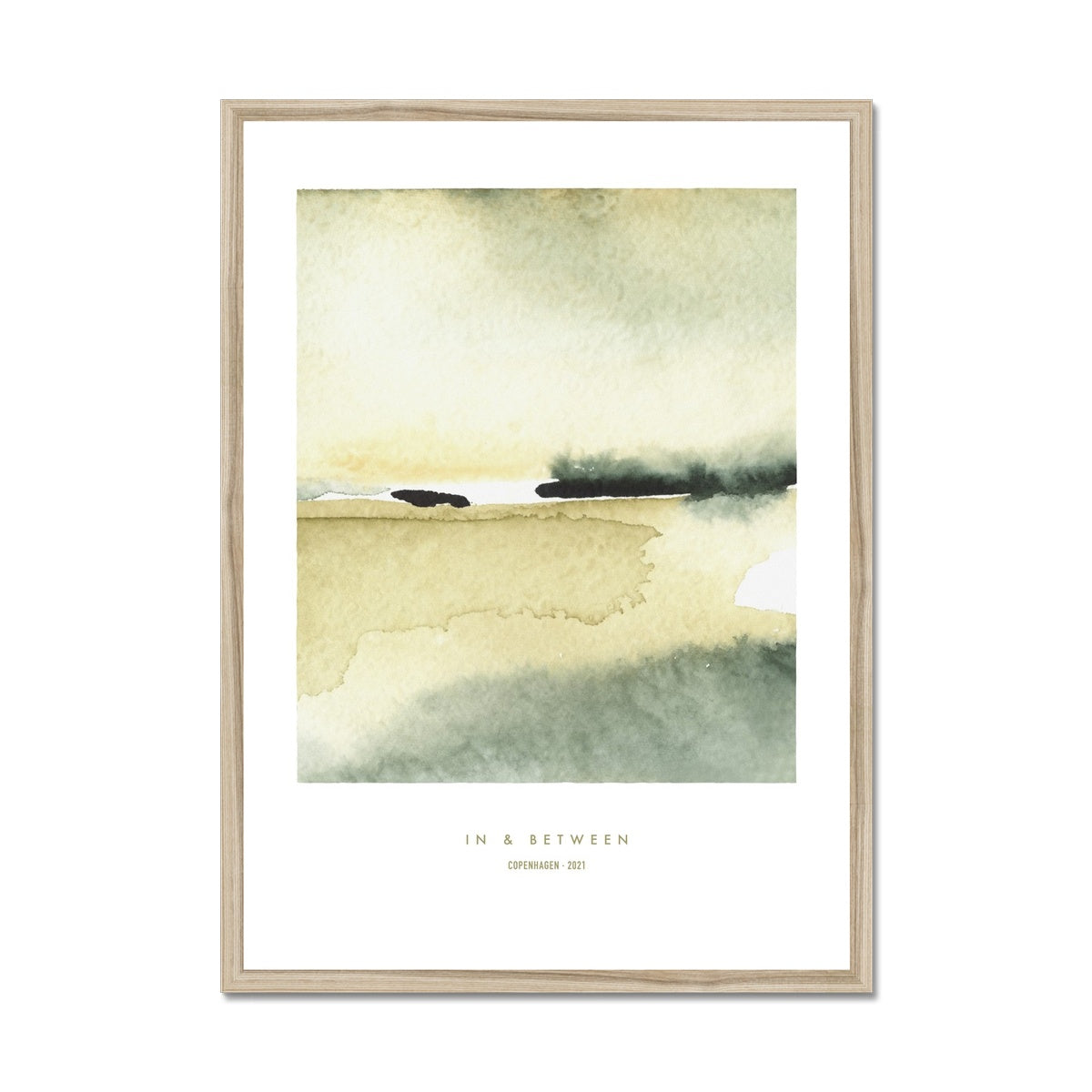 Landscape grey yellow in natural wood frame.