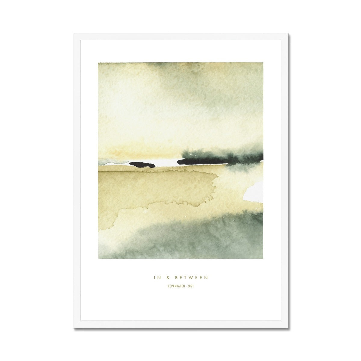 Landscape grey yellow in white wooden frame.