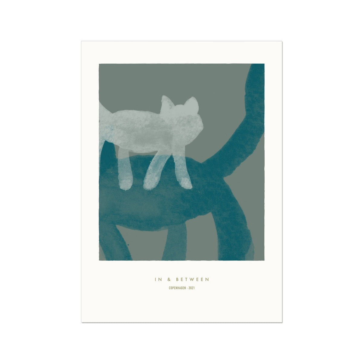 Small light grey cat perched on back of larger green cat on grey background .