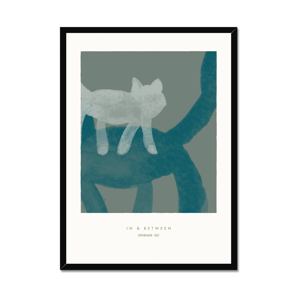 Small light grey cat perched on back of larger green cat on grey background in black wooden frame.