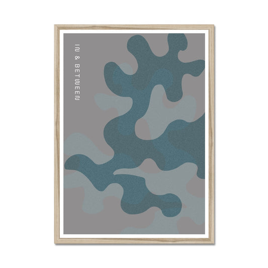 Art print of overlapping oak leaves in grey shades in natural wooden frame.