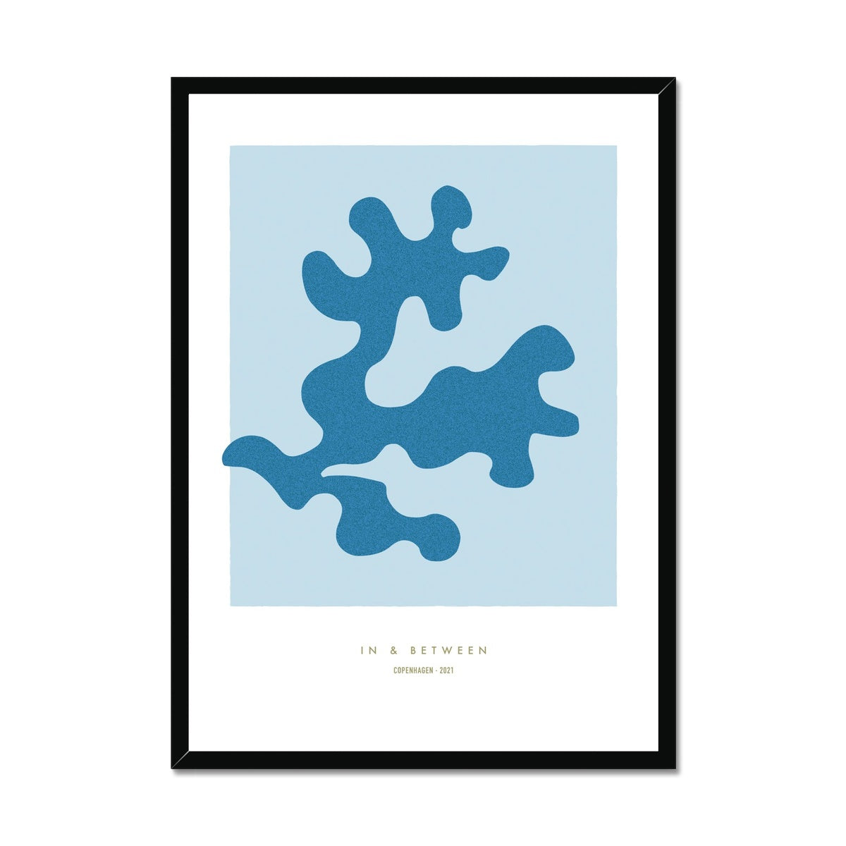 Art print of soft blue oak leaf on light blue background with white space around in black wooden frame.