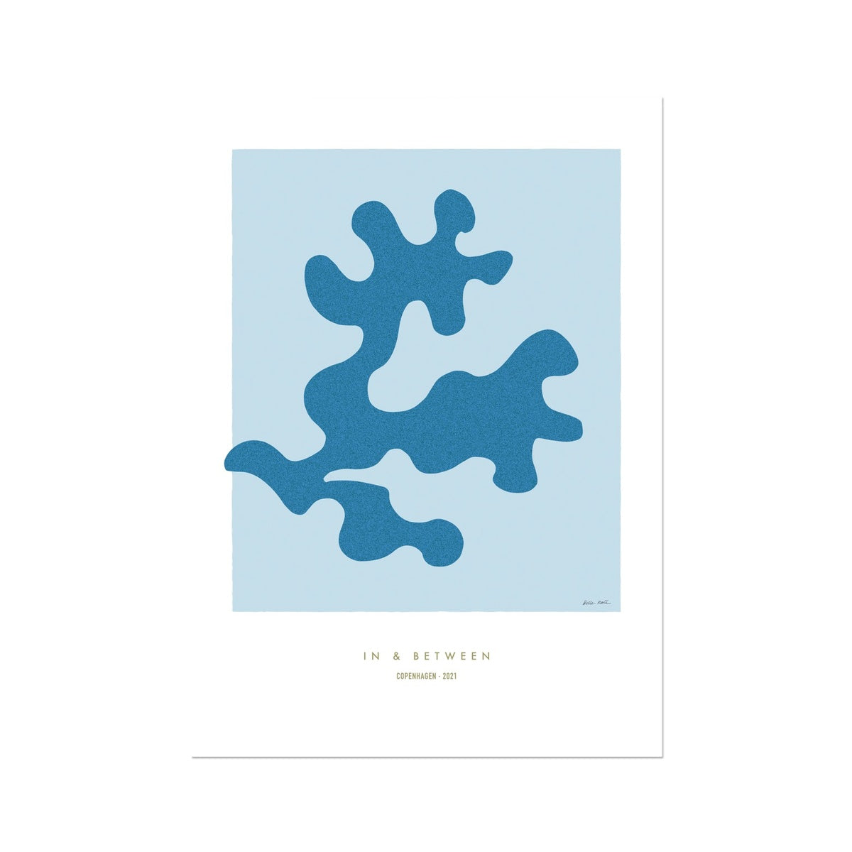 Art print of soft blue oak leaf on light blue background with white space around.