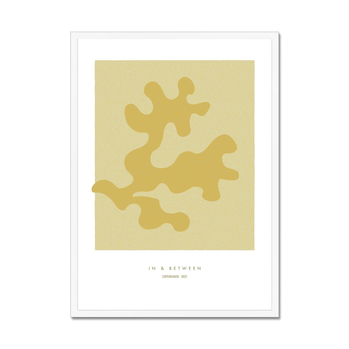 Art print of maple coloured oak leaf on a lighter maple background with white space around in white wooden frame.