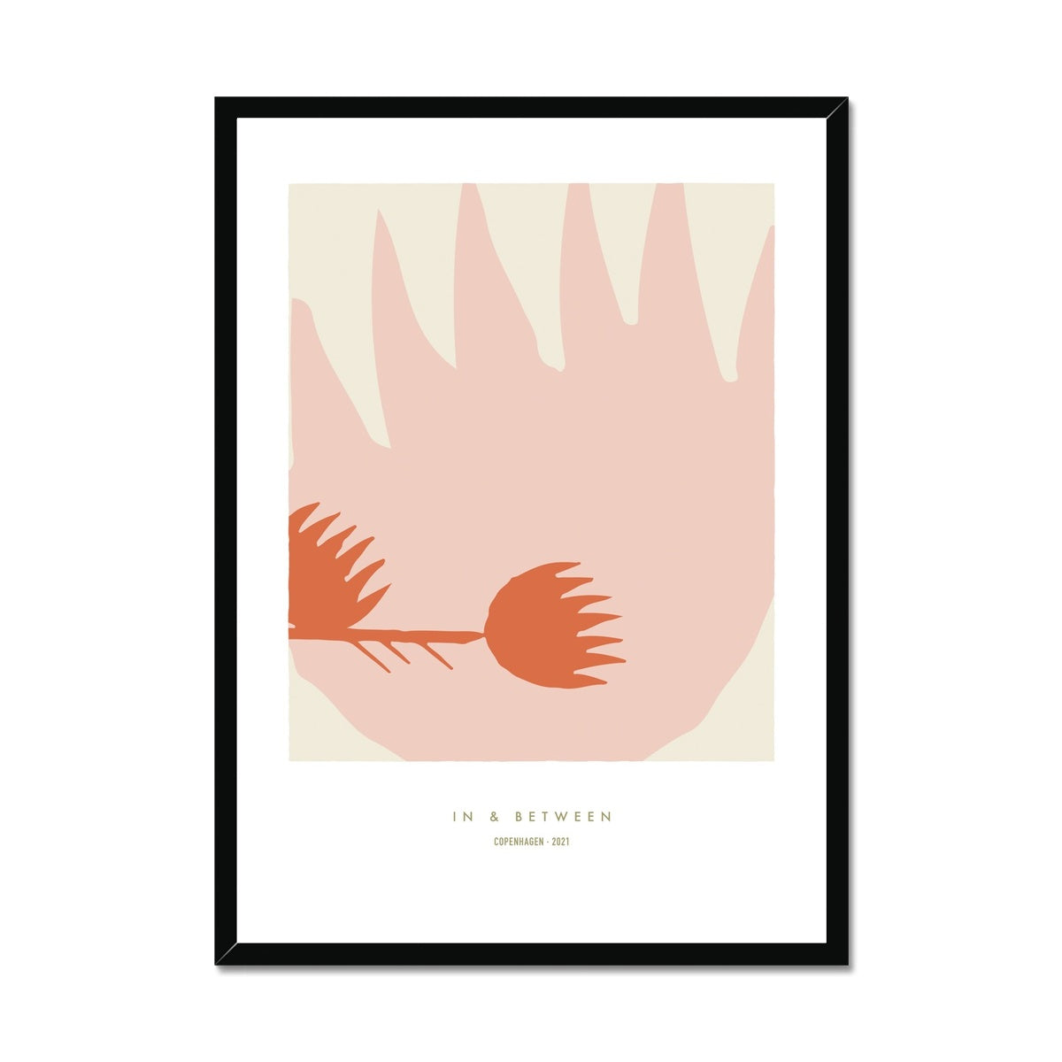 Art print of one large thistle flower light red with a smaller thistle flower in left side on a cream background with white space around and a black wooden frame.