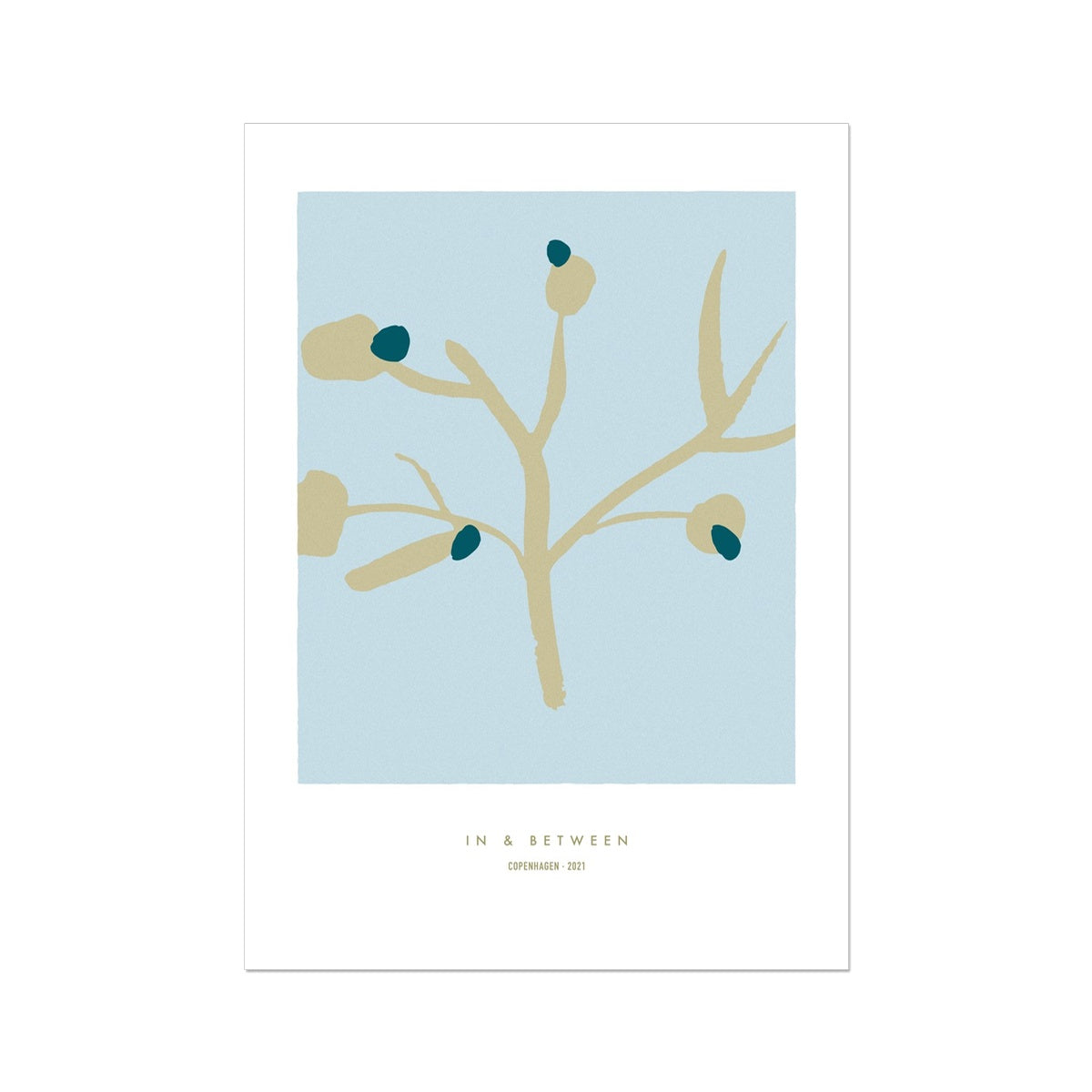 Upright golden olive tree branch with dark green olives on a light blue background.
