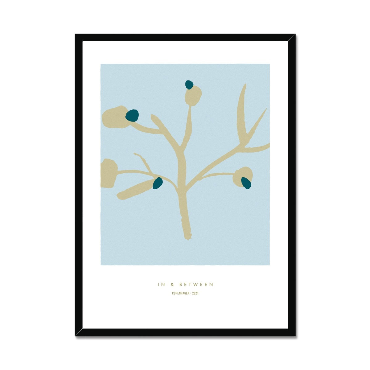 Upright golden olive tree branch with dark green olives on a light blue background in a black wooden frame.