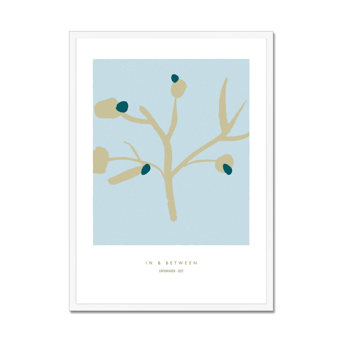 Upright golden olive tree branch with dark green olives on a light blue background in a white wooden frame.