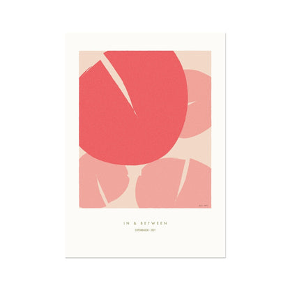 Overlapping water lilies in varying red tones on a cream background with white space around.