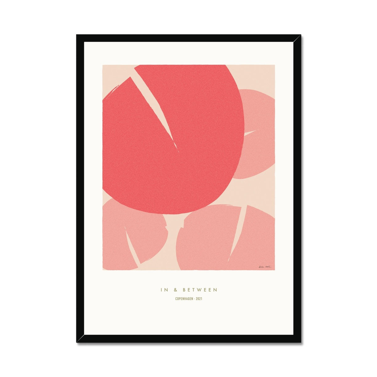 Overlapping water lilies in varying red tones on a cream background with white space around and a black wooden frame.