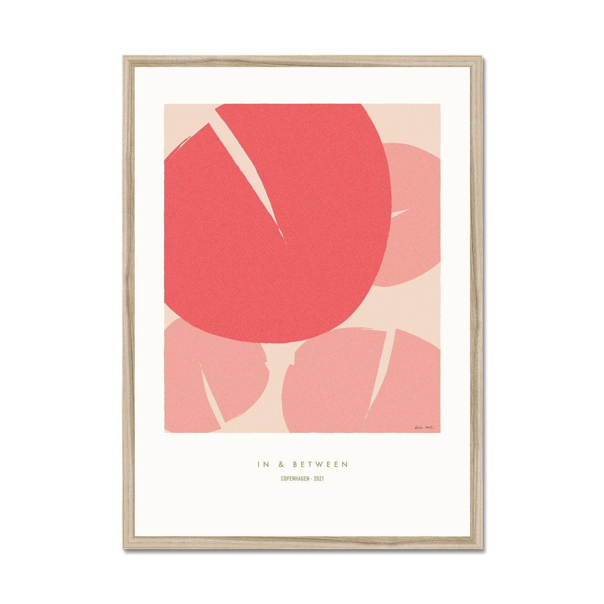 Overlapping water lilies in varying red tones on a cream background with white space around and a natural wooden frame.