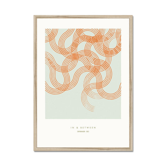 Soft curves of line patterned movements red on green background in natural wood frame.